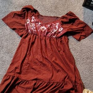 Rust Floral Embroidered Boho Dress